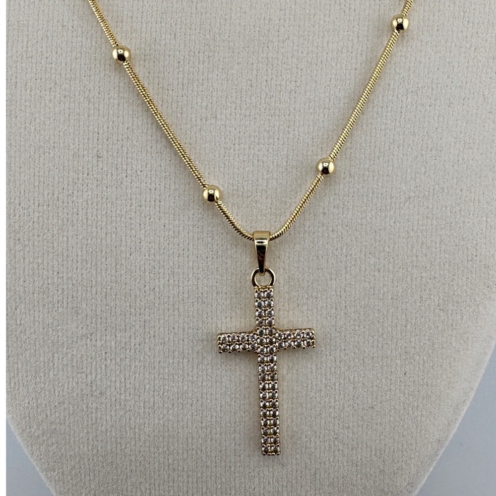 Gold Tone CZ Pavé Cross Pendant Necklace Snake Chain with Bead Accents